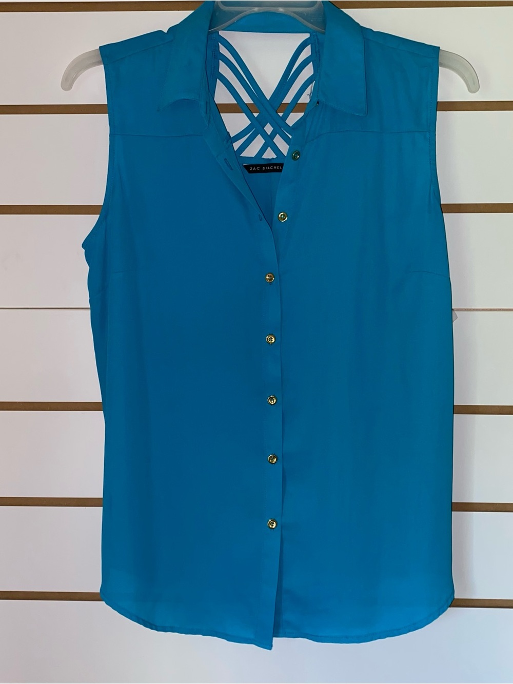 Zac & Rachel Women's Vibrant Blue Sleeveless Sheer Button Down Collar Blouse L